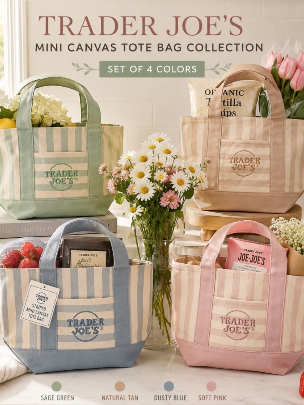 NWT VIRAL Trader Joe's Striped Canvas Mini Totes ~ SET OF 4 Summer 2026 - Picture 4 of 4